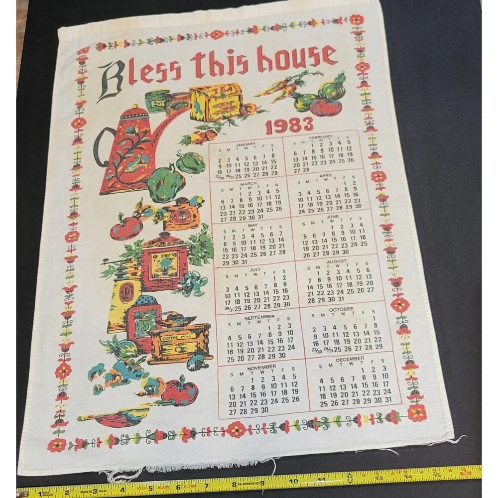 Vintage 1983 Calendar Tea Towel Bless This House colorful well loved